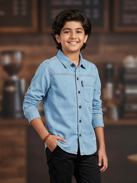 Kiddopanti Boys Denim Woven Full Sleeves Solid Shirt With Pocket
