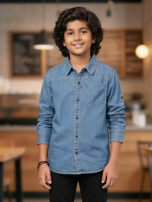Kiddopanti Boys Denim Woven Full Sleeves Solid Shirt With Pocket