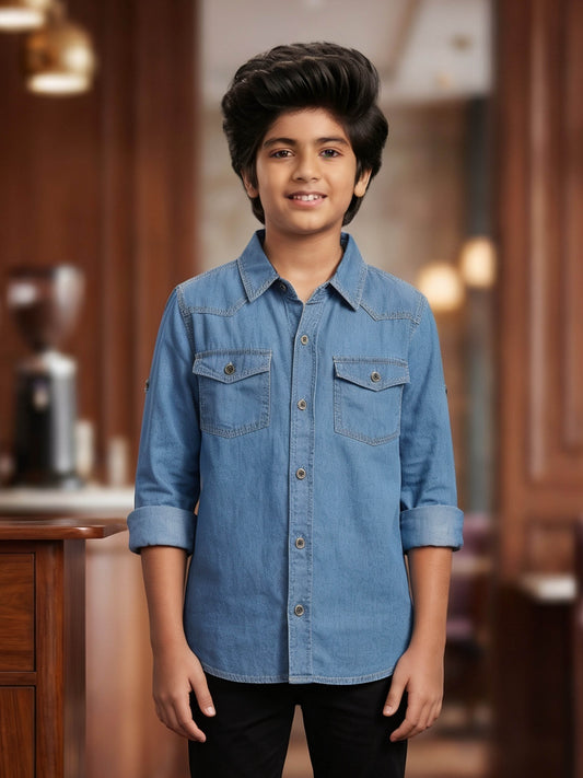 Kiddopanti Boys Denim Woven Full Sleeves Solid Shirt With Double Flap Pocket