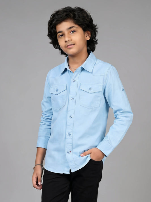 Kiddopanti Boys Denim Woven Full Sleeves Solid Shirt With Double Flap Pocket