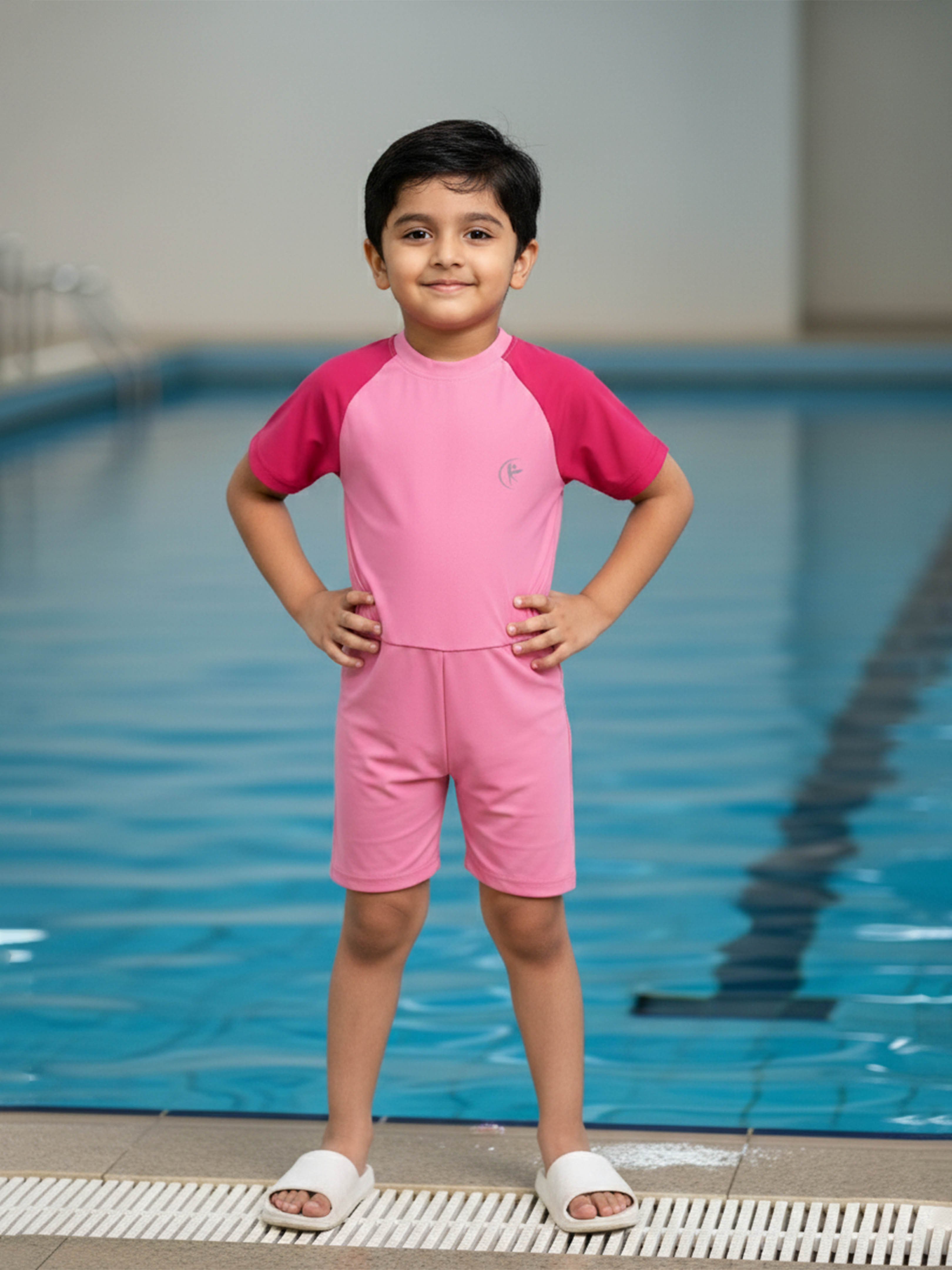 Kiddopanti Unisex Polyester Spandex Half Sleeves Solid Mid Thigh Length Swim Suit