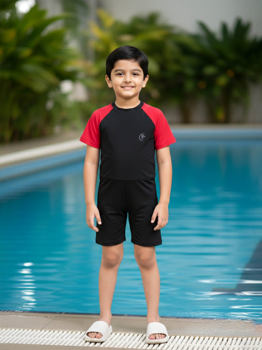 Kiddopanti Unisex Polyester Spandex Half Sleeves Solid Mid Thigh Length Swim Suit