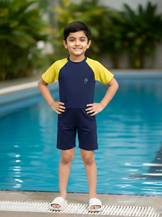 Kiddopanti Unisex Polyester Spandex Half Sleeves Solid Mid Thigh Length Swim Suit