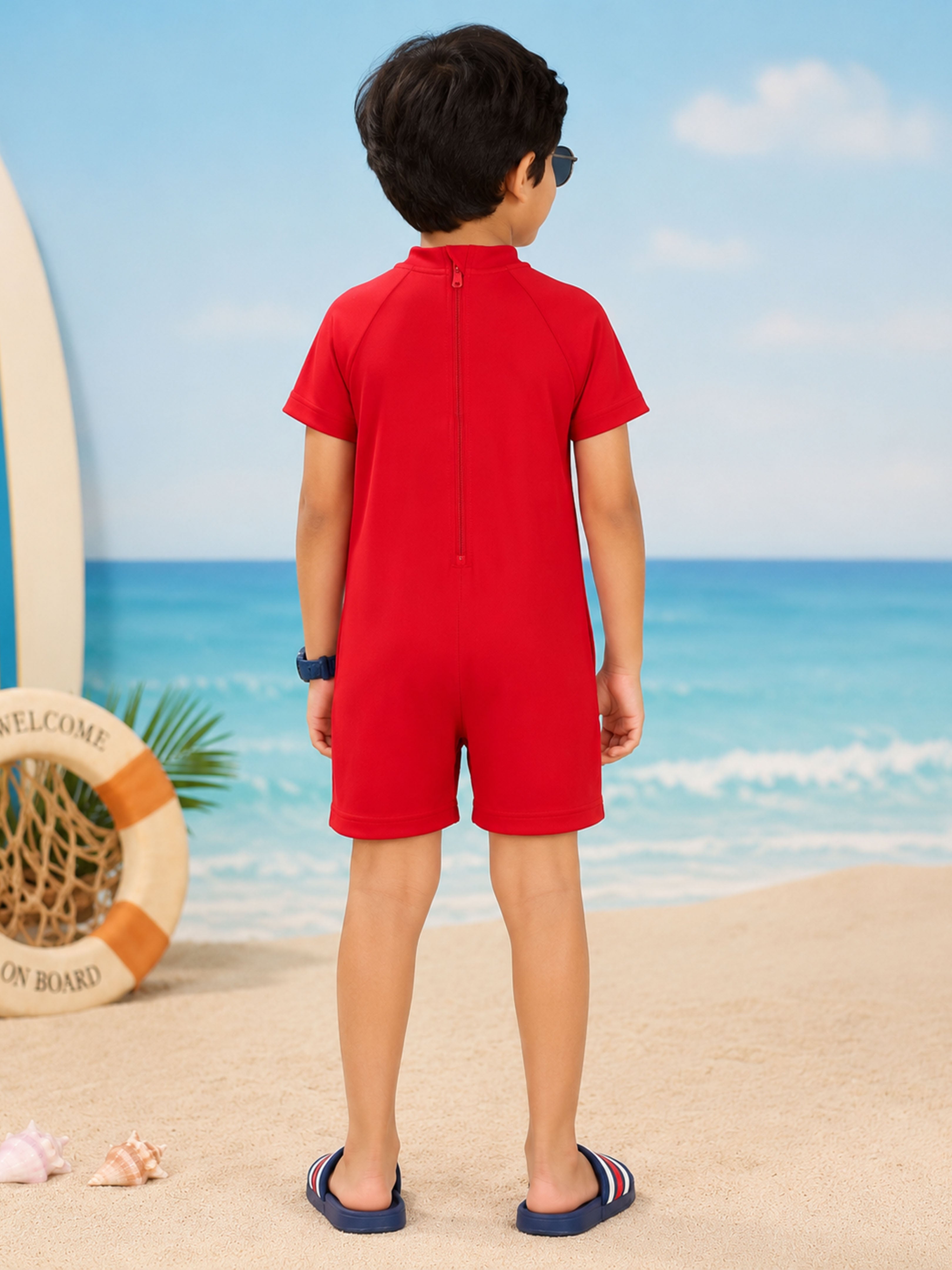 Kiddopanti Polyester Spandex Raglan Sleeves Lighthouse & Sailboat Nautical Printed Swimwear Swimsuit