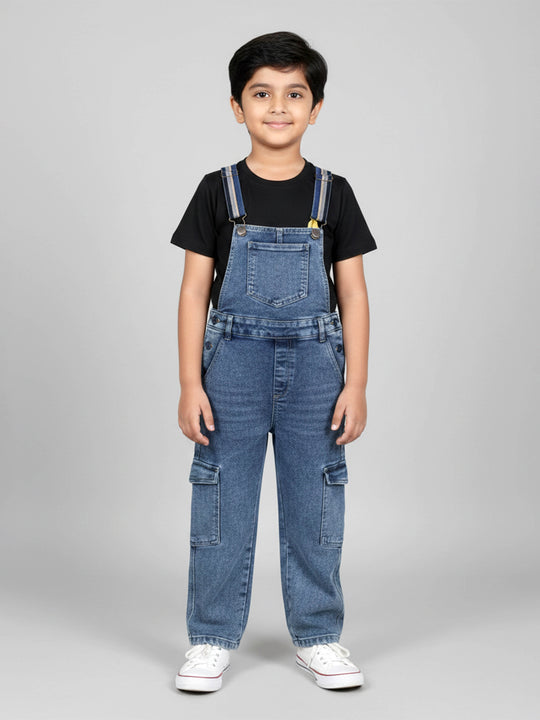 Kiddopanti Boys Cotton Round Neck T-Shirt With Print & Denim Dungaree with Multicolor Strap