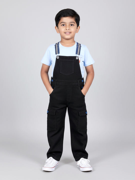 Kiddopanti Boys Cotton Round Neck T-Shirt With Print & Denim Dungaree with Multicolor Strap