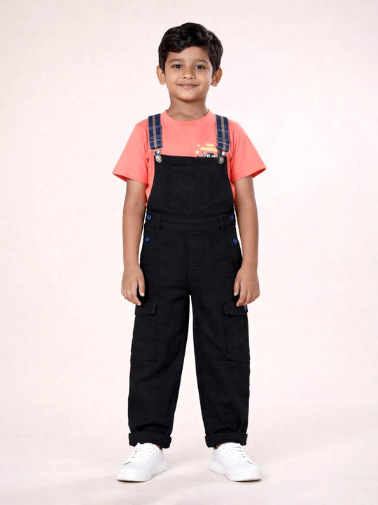 Kiddopanti Boys Cotton Round Neck T-Shirt With Print & Denim Dungaree with Multicolor Strap