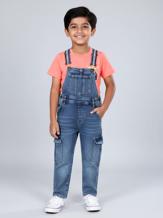 Kiddopanti Boys Cotton Round Neck T-Shirt With Print & Denim Dungaree with Multicolor Strap