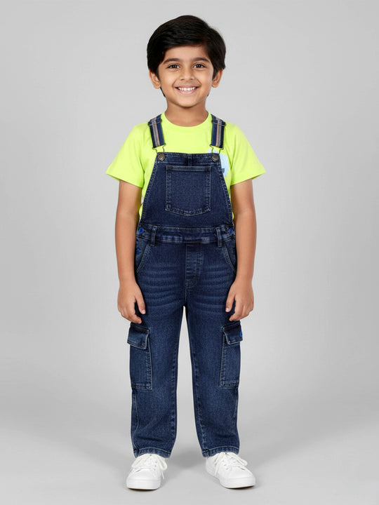 Kiddopanti Boys Cotton Round Neck T-Shirt With Print & Denim Dungaree with Multicolor Strap