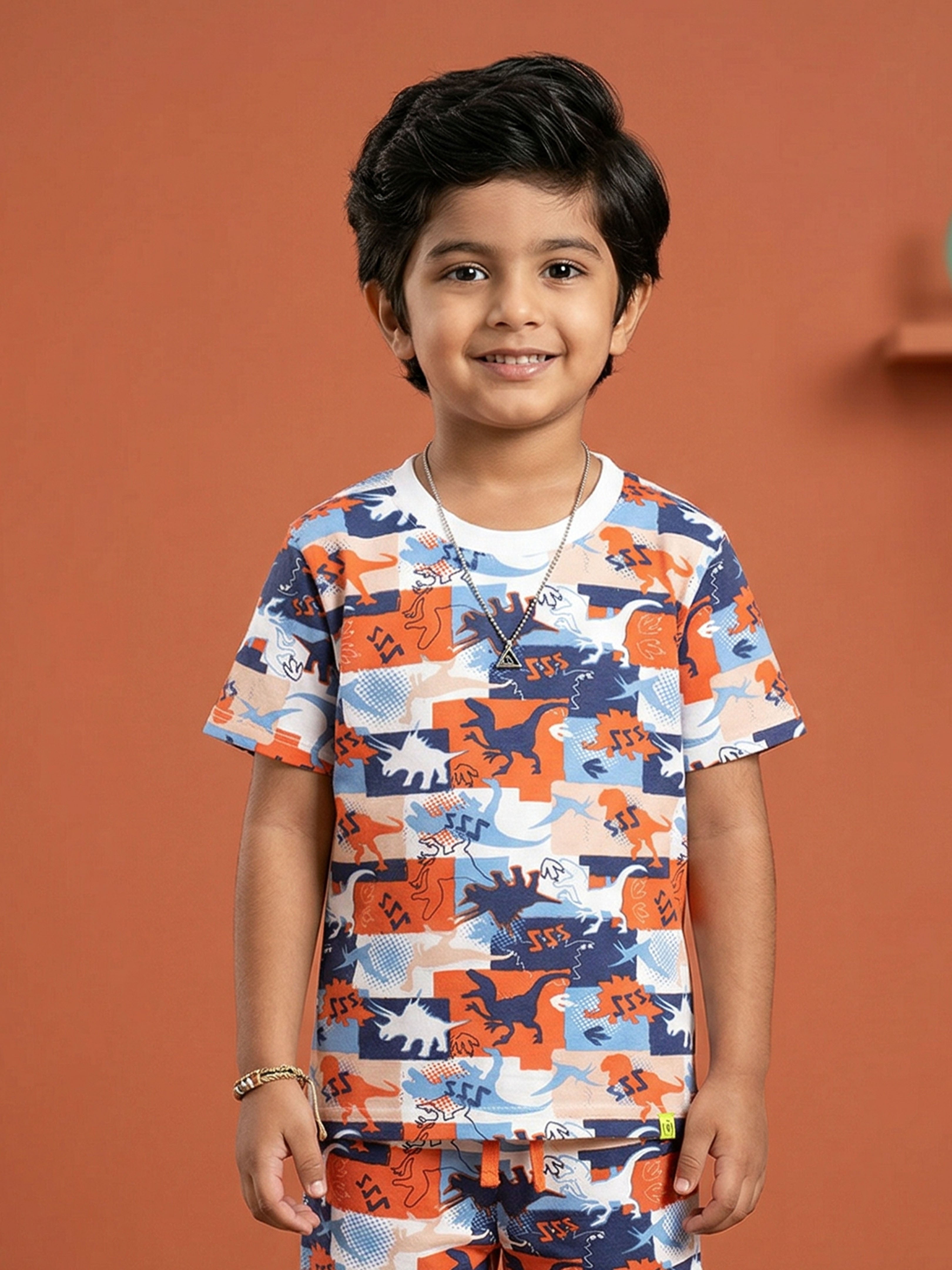 Kiddopanti Boys Cotton Knit Half Sleeves All Over Dinosour Printed T-Shirt