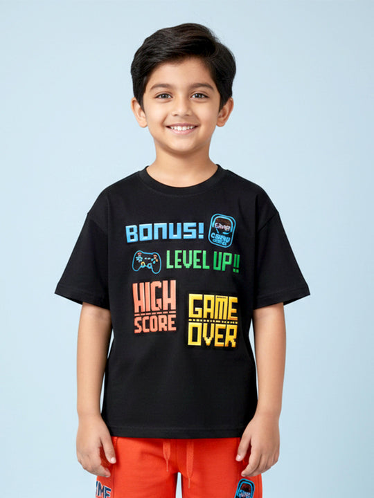 Kiddopanti Boys Cotton Chest Printed Drop Shoulder Round Neck Tee