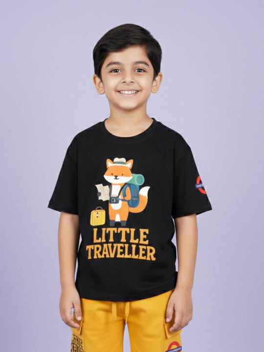 Kiddopanti Boys Cotton Chest Printed Drop Shoulder Round Neck Tee