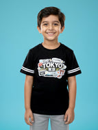 Kiddopanti Boys Cotton Chest Printed Drop Shoulder Round Neck Tee - Black Tokyo / 1-2Y