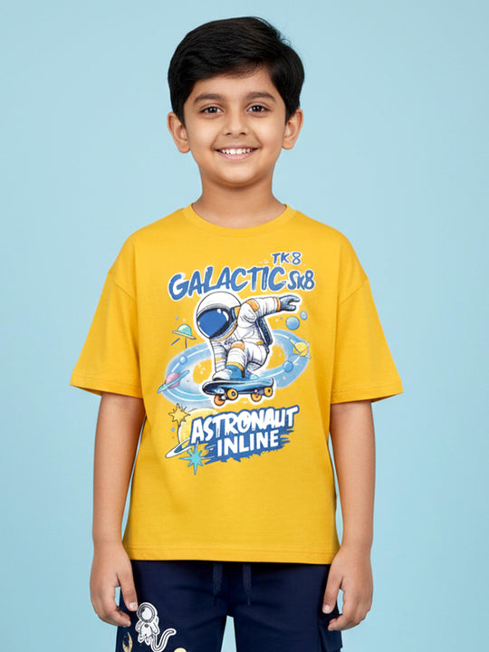 Kiddopanti Boys Cotton Chest Printed Drop Shoulder Round Neck Tee