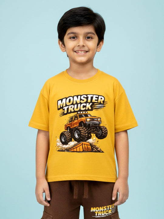 Kiddopanti Boys Cotton Chest Printed Drop Shoulder Round Neck Tee