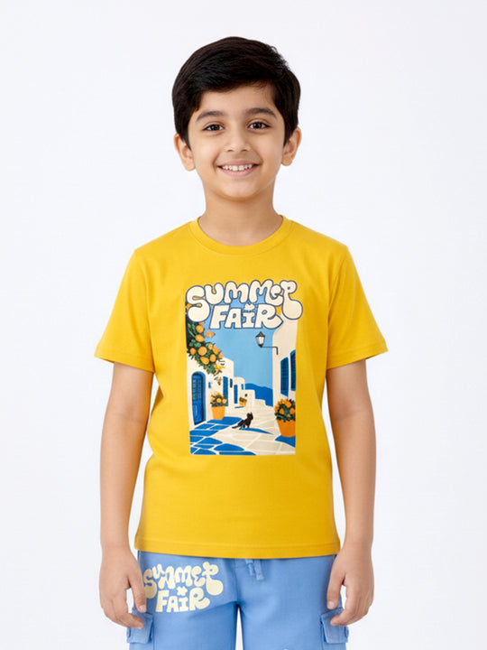 Kiddopanti Boys Cotton Chest Printed Drop Shoulder Round Neck Tee