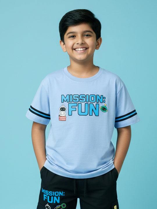 Kiddopanti Boys Cotton Chest Printed Drop Shoulder Round Neck Tee