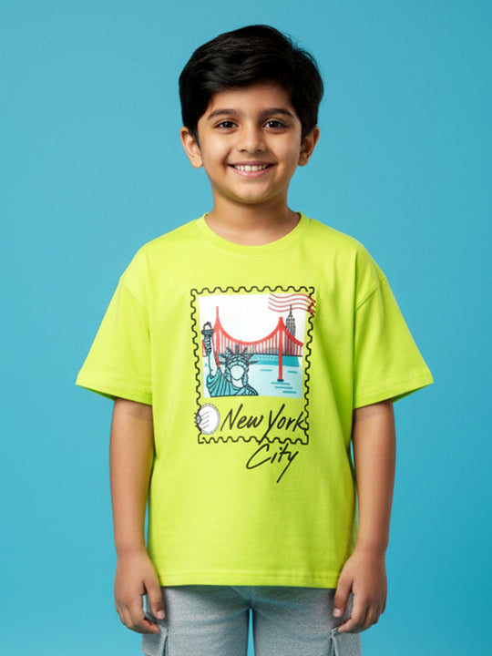Kiddopanti Boys Cotton Chest Printed Drop Shoulder Round Neck Tee