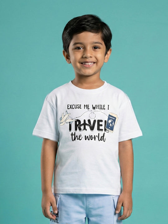 Kiddopanti Boys Cotton Graphic Printed Round Neck Drop Shoulder T-shirt With Badges