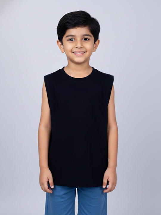 Kiddopanti Boys Cotton Knit Solid Round Neck Sleeveless T-Shirt