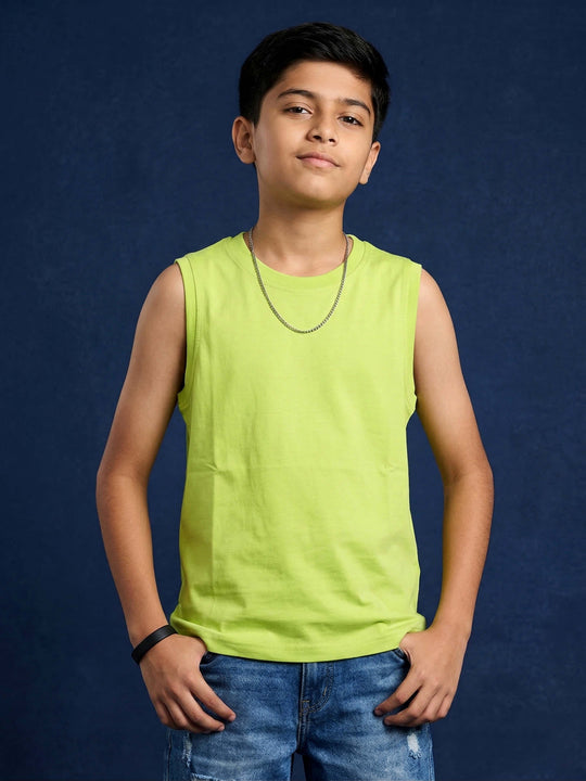 Kiddopanti Boys 100% Cotton Sleeveless Solid Round Neck T-Shirt