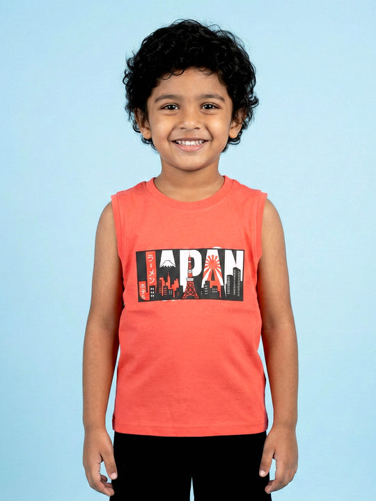 Kiddopanti Boys Cotton Japan Graphic Printed Round Neck Sleeveless T-shirt