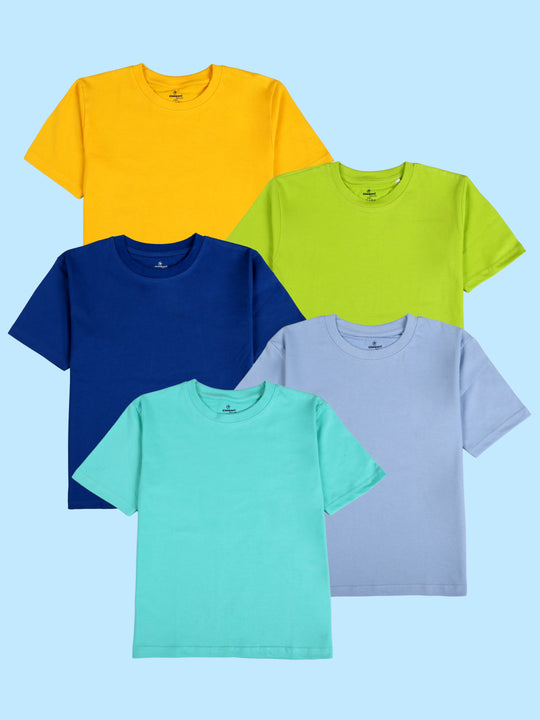 Kiddopanti Boys Cotton Solid Drop Shoulder Half Sleeve Round Neck Tee Pack of 5