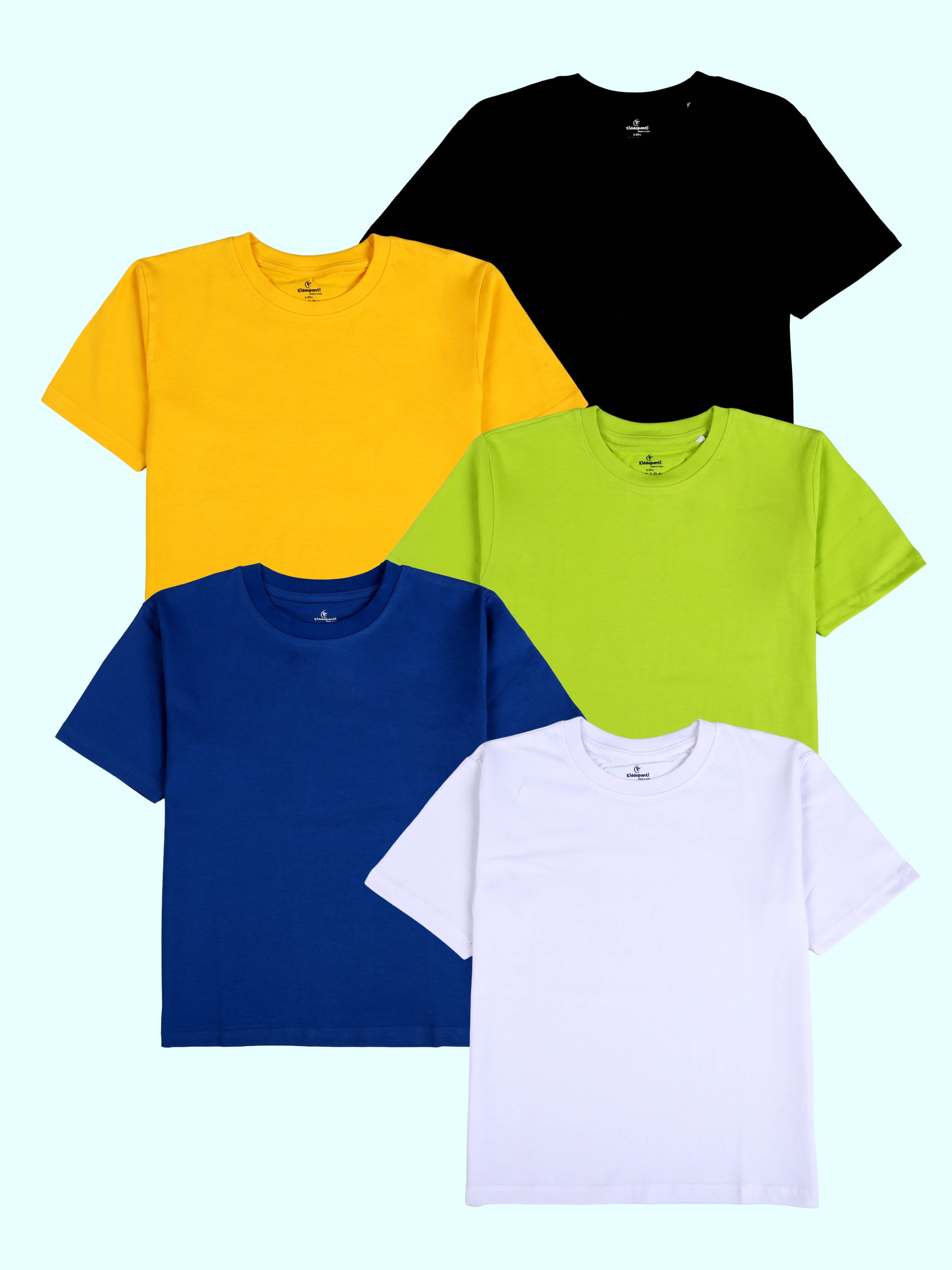 Kiddopanti Boys Cotton Solid Drop Shoulder Half Sleeve Round Neck Tee Pack of 5
