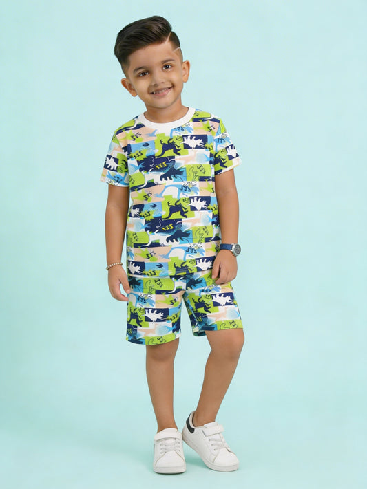 Kiddopanti Boys Cotton Knit Half Sleeves All Over Dinosour Printed T-Shirt & Shorts Co ord Set