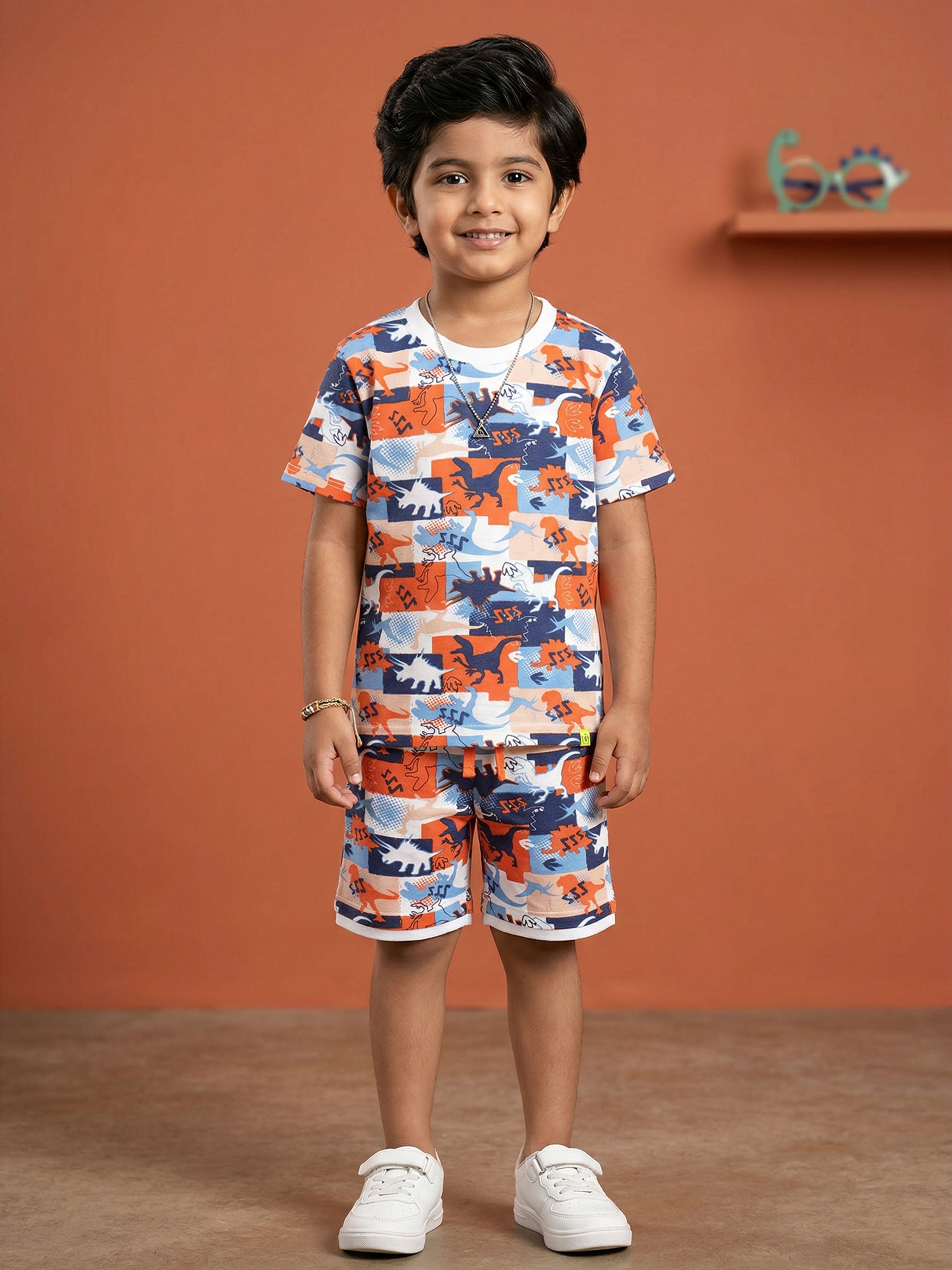 Kiddopanti Boys Cotton Knit Half Sleeves All Over Dinosour Printed T-Shirt & Shorts Co ord Set