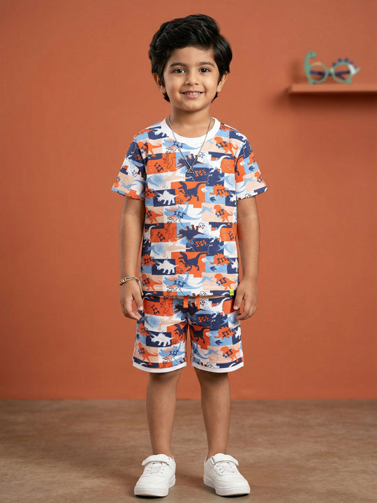 Kiddopanti Boys Cotton Knit Half Sleeves All Over Dinosour Printed T-Shirt & Shorts Co ord Set