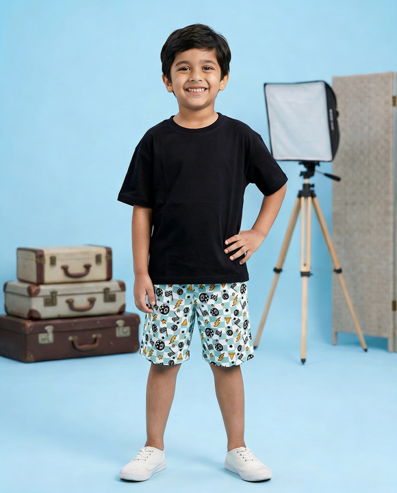 Kiddopanti Boys Cotton knit Solid Drop Shoulder T Shirt & AOP Printed Shorts Coord Set