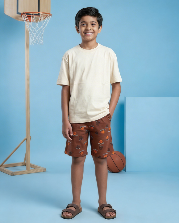 Kiddopanti Boys Cotton knit Solid Drop Shoulder T Shirt & AOP Printed Shorts Coord Set