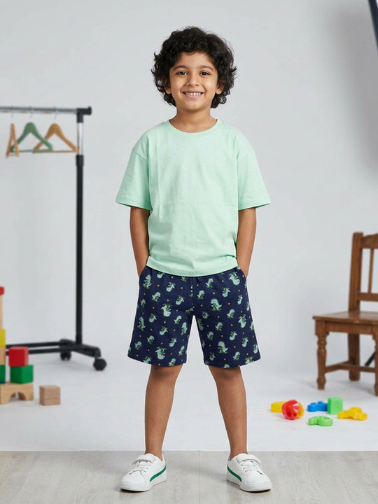 Kiddopanti Boys Cotton knit Solid Drop Shoulder T Shirt & AOP Printed Shorts Coord Set