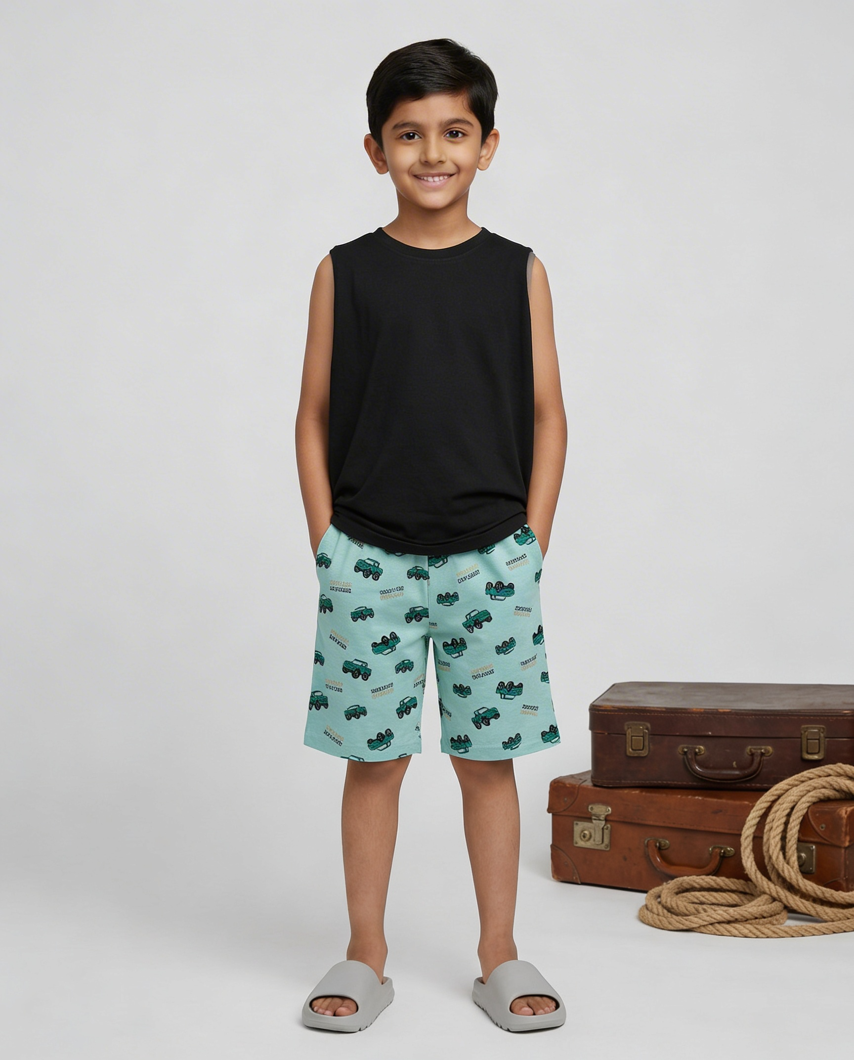 Kiddopanti Boys Cotton knit Solid Sleeveless T Shirt & AOP Printed Shorts Coord Set