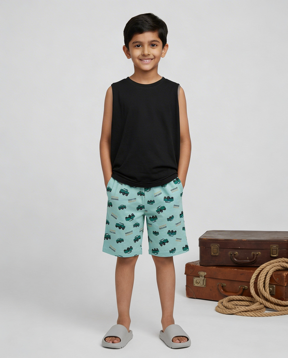 Kiddopanti Boys Cotton knit Solid Sleeveless T Shirt & AOP Printed Shorts Coord Set