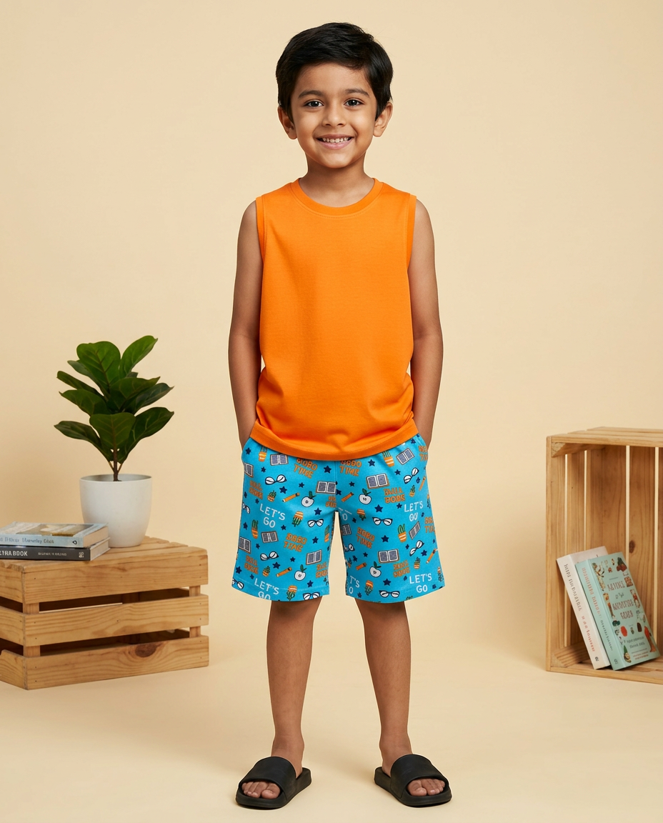 Kiddopanti Boys Cotton knit Solid Sleeveless T Shirt & AOP Printed Shorts Coord Set