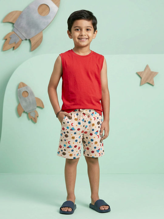 Kiddopanti Boys Cotton knit Solid Sleeveless T Shirt & AOP Printed Shorts Coord Set