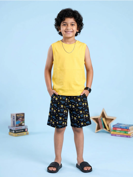 Kiddopanti Boys Cotton knit Solid Sleeveless T Shirt & AOP Printed Shorts Coord Set