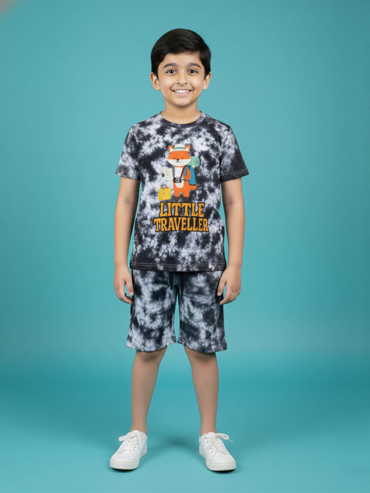 Kiddopanti Boys Cotton Knit All Over Tie & Dye Printed T-Shirt With Shorts Co-Ord Set