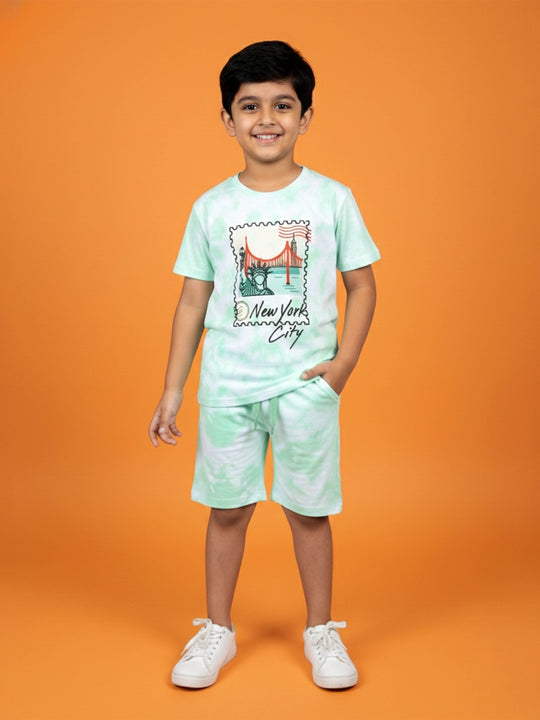 Kiddopanti Boys Cotton Knit All Over Tie & Dye Printed T-Shirt With Shorts Co-Ord Set