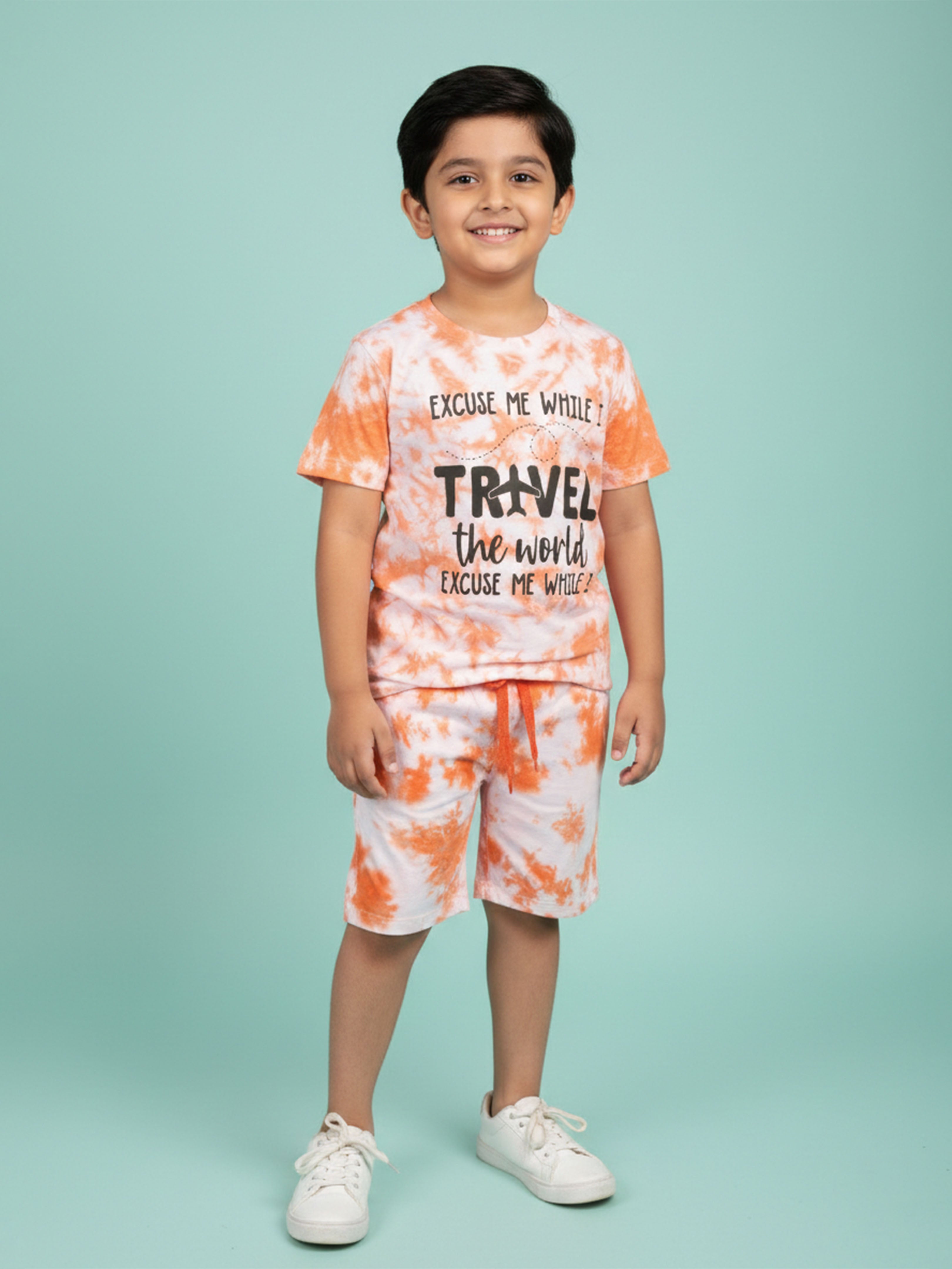 Kiddopanti Boys Cotton Knit All Over Tie & Dye Printed T-Shirt With Shorts Co-Ord Set