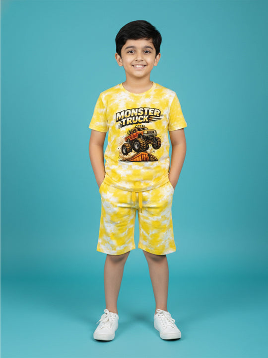 Kiddopanti Boys Cotton Knit All Over Tie & Dye Printed T-Shirt With Shorts Co-Ord Set