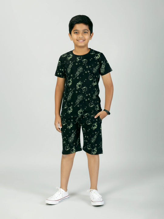 Kiddopanti Boys 100% Cotton AOP Prited Half Sleeve T-Shirt & Above Knee Length Shorts Co-Ord Set