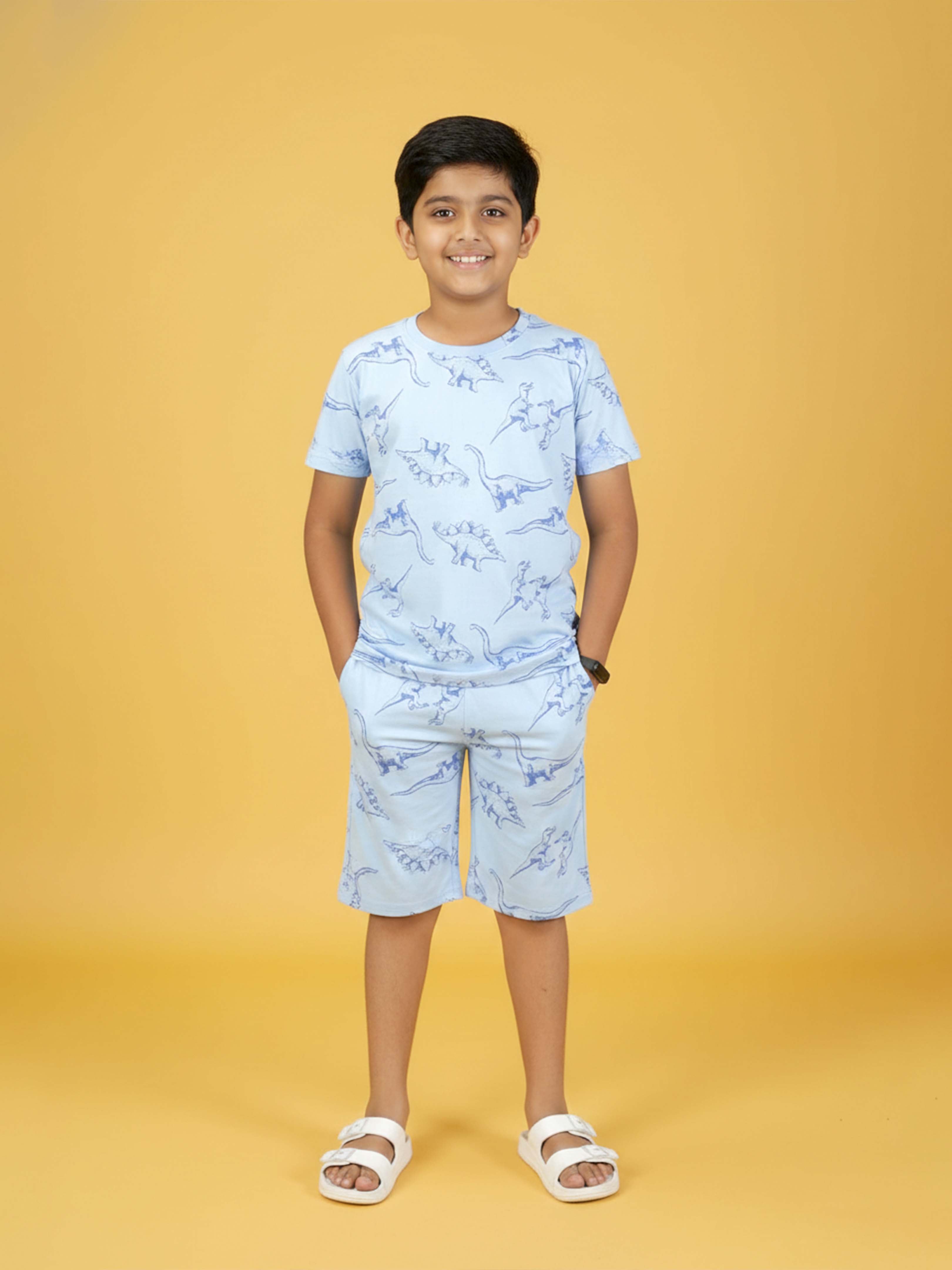 Kiddopanti Boys 100% Cotton AOP Prited Half Sleeve T-Shirt & Above Knee Length Shorts Co-Ord Set