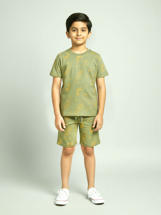 Kiddopanti Boys 100% Cotton AOP Prited Half Sleeve T-Shirt & Above Knee Length Shorts Co-Ord Set