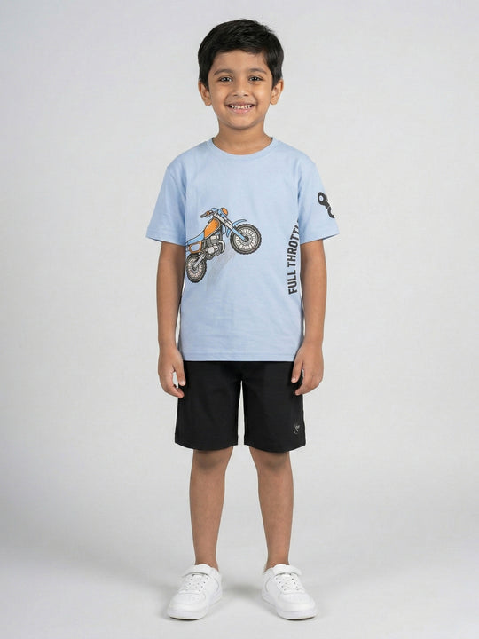 Kiddopanti Boys Cotton Knit Drop Shoulder Bike Printed T-shirt With Solid Shorts Co-Ord Set
