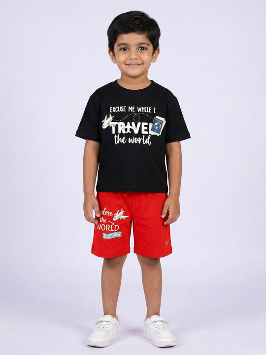 Kiddopanti Boys Cotton Knit Drop Shoulder Travel Printed T-Shirt with and Aeroplane Emboridery Badges With Shorts Co-Ord Set