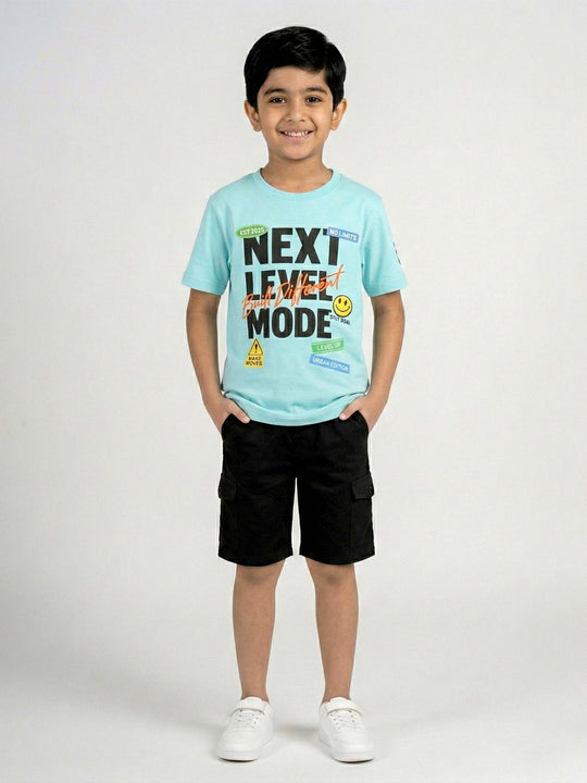 Kiddopanti Boys Cotton Knit Drop Shoulder Graphic Printed T-shirt With Solid Cargo Shorts Co-Ord Set
