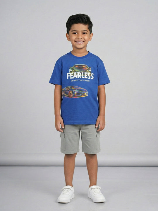 Kiddopanti Boys Cotton Knit Drop Shoulder Graphic Printed T-shirt With Solid Cargo Shorts Co-Ord Set